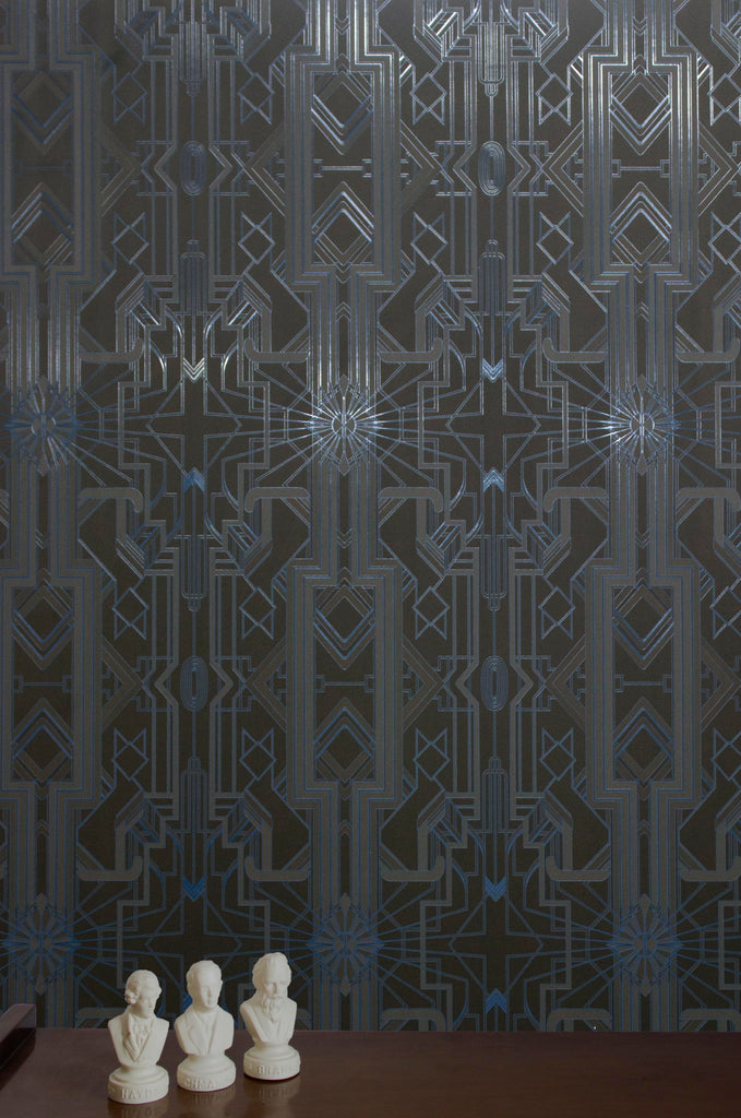 Art Deco Wallpaper  Black and blue with Spot Gloss