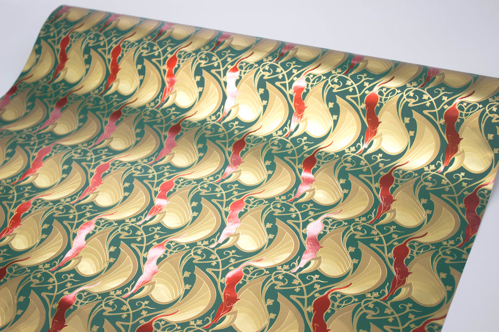 Art Nouveau green, red and gold Wrapping Paper with a cat