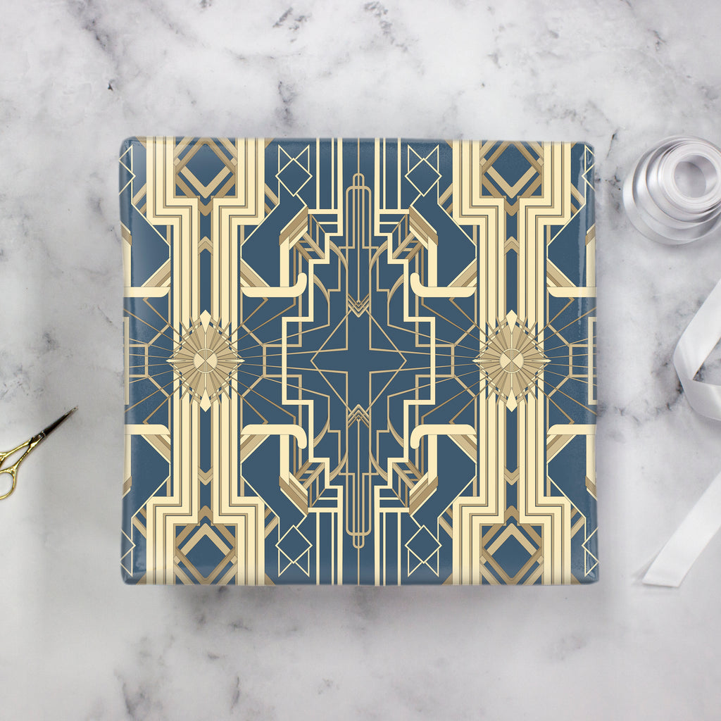 Great Catsby Wrapping Paper Steel Blue and Gold